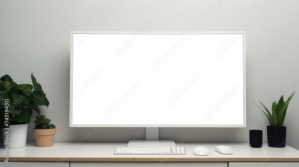 Poster a computer monitor on a wooden desk, suitable for office or home workspace concepts