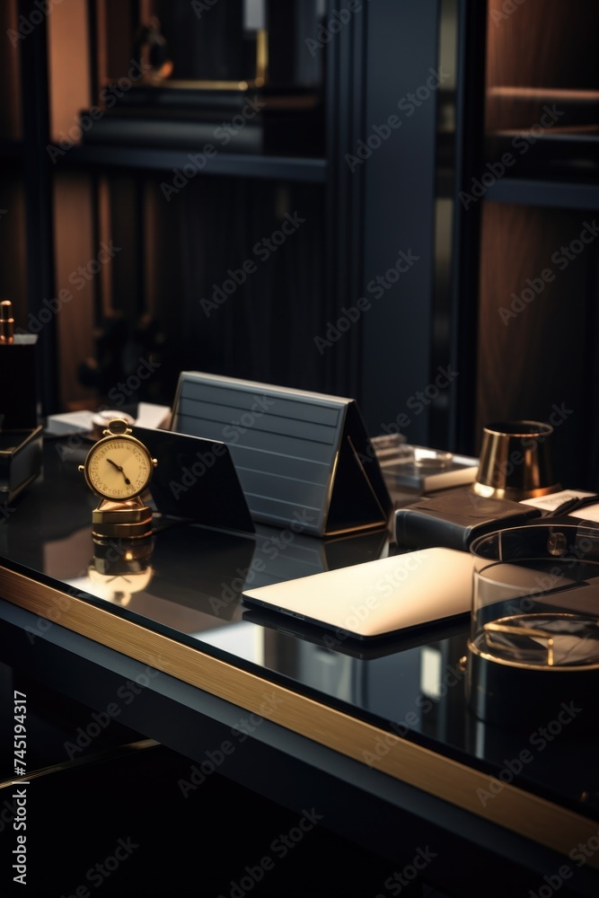 Poster a desk with a clock and a laptop, perfect for office or time management concepts