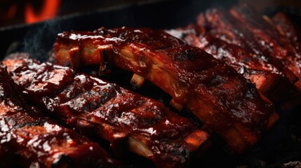 Close up of ribs cooking on a grill. Perfect for food and cooking concepts
