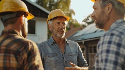 Homeowner and electrician discussing the best location for an EV charger install, smart home and technology EV car concept.