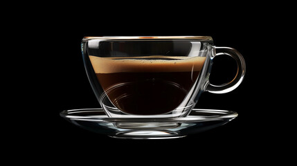Cup of coffee on a black background close-up. 