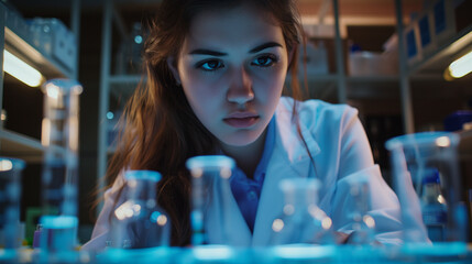 Female researcher carrying out scientific research in a lab (shallow DOF; color toned image) - obrazy, fototapety, plakaty