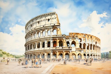 Detailed painting of the iconic Colosseum in Rome. Perfect for historical illustrations