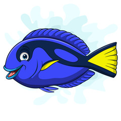 Cartoon blue tang fish on white background