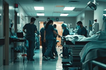 A group of healthcare professionals in scrubs working together in a hospital setting, providing care and support to patients in the emergency room - obrazy, fototapety, plakaty