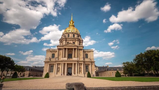 PARIS, FRANCE - FEBRUARY 20, 2024: Obverse view of Les Invalides timelapse hyperlapse (The National Residence of the Invalids). Complex of museums and monuments in Paris.
