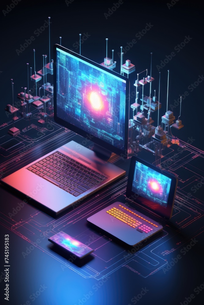 Poster A laptop computer sitting on top of a table. Suitable for technology and business concepts