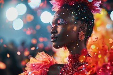 A woman with striking makeup and feathers adorning her head, exuding confidence and beauty on the runway - obrazy, fototapety, plakaty