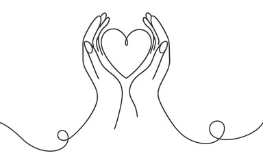 Obraz premium Vector image of hands hugging a heart in a linear style on a white background.