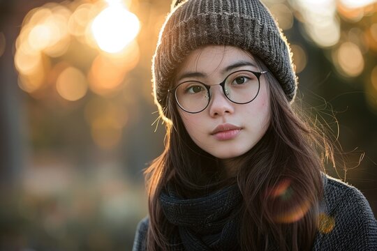 A young woman with glasses and a hat looks stylish as she poses for a portrait in an urban environment