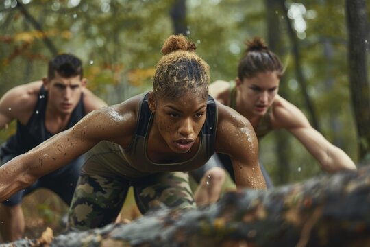 A group of people, fitness enthusiasts, are seen energetically running through a wooded area, showcasing their stamina and determination