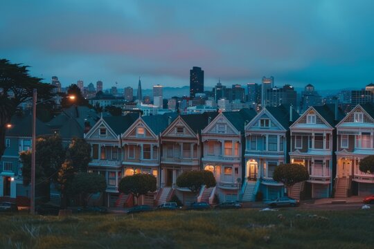 Twilight Ambiance at the Iconic Painted Ladies Facing San Francisco Skyline