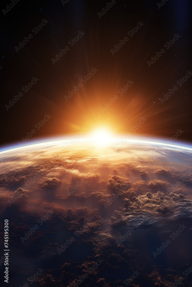 Poster earth seen from space with the sun in the background. suitable for science and technology concepts