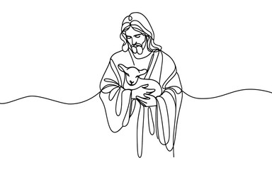 Vector image of Jesus with a lamb in his arms, one line on a white background. © Olena Hnatiuk