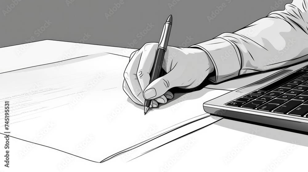 Poster A person sitting at a desk with a laptop and a pen. Suitable for office or remote work concepts