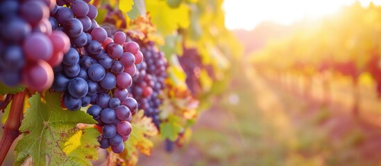 A cluster of ripe purple grapes hangs from a vine in a vineyard during harvest time. The grapes are ready to be picked and used for winemaking or consumption.
