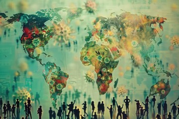 A group of diverse individuals stand around a detailed world map, pointing and discussing various locations with enthusiasm and curiosity