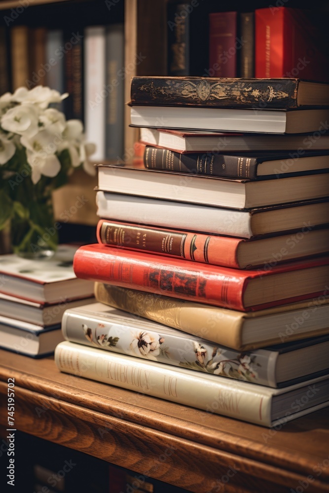 Poster a stack of books on a wooden table, suitable for education and reading concepts
