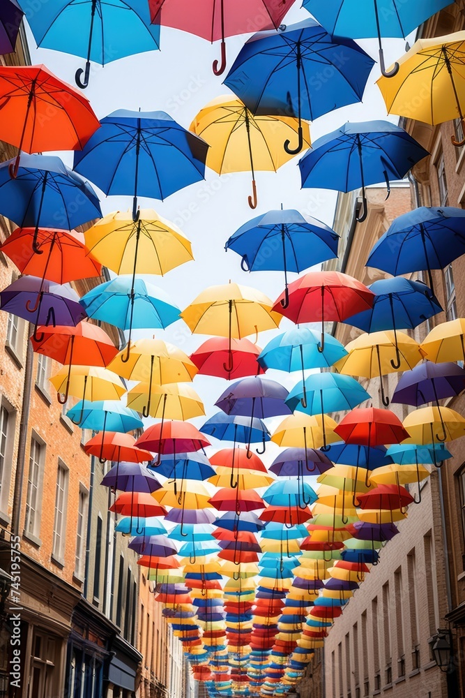 Aufkleber colorful umbrellas hanging from the ceiling, perfect for adding a pop of color to any space