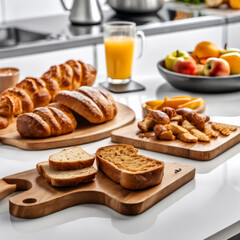 A wholesome breakfast spread with bread and orange juice on a wooden serving board white countertop in a stylish kitchen in the background
