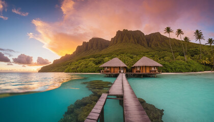 Tropical paradise sunset with a luxury waterfront hut"