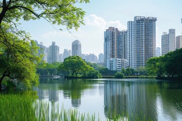 A calm body of water nestled amidst a concrete jungle of skyscrapers reaching towards the sky, creating a unique harmony between nature and urban architecture