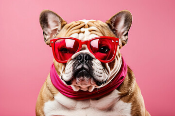 bulldog wearing sunglasses and a pink bandana
