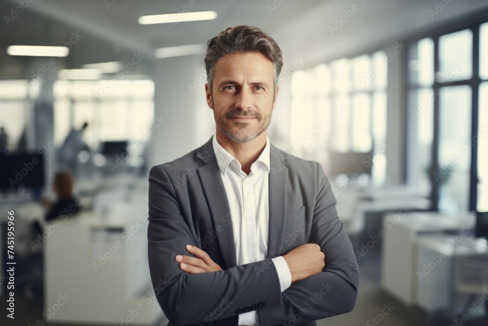 Poster professional man in suit standing confidently. suitable for business concepts