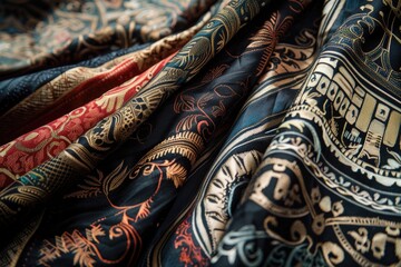 A collection of various colored and patterned fabrics piled together, forming a visually captivating display of textures and designs