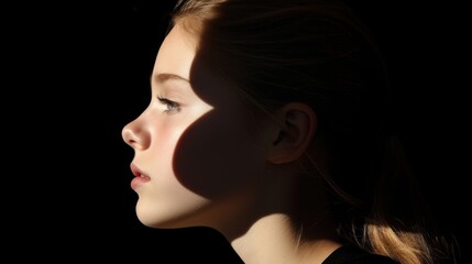 A young girl with long hair wearing a black shirt. Suitable for various projects and designs