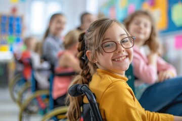 A young girl with a joyful smile sits in a wheelchair, looking directly at the camera. Her eyes reflect happiness and a sense of freedom