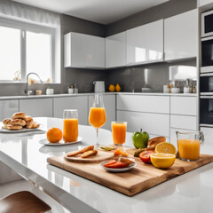 Fototapeta na wymiar An attractive breakfast arrangement on a wooden chopping block white countertop in a bright kitchen in the background. 