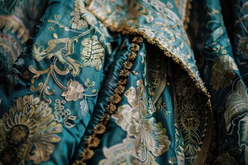 A close-up view of a mesmerizing blue and gold dress, showcasing intricate patterns and designs. The luxurious fabric shimmers in the light, exuding elegance and beauty