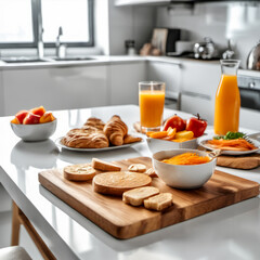 An appealing breakfast spread on a wooden board white countertop in a streamlined kitchen in the background.
