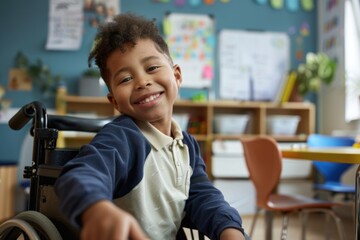 A young boy in a wheelchair smiles warmly at the camera, radiating happiness and positivity