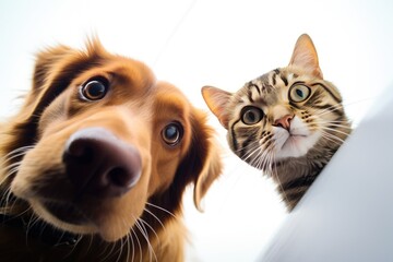 a cat and dog looking up at a white background in the style of light brown and gold fish-eye lens