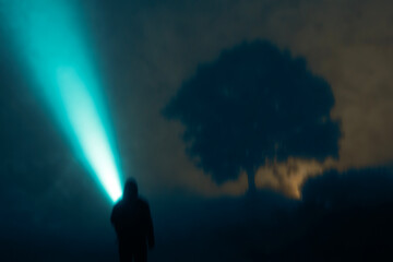 A mysterious lone hooded figure, pointing a torch beam into the sky. On a spooky foggy night in the...