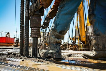 close-up photo of a drilling rig worker drilling oil on an oil rig in the middle of the sand.