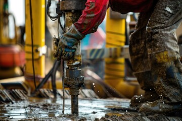 close-up photo of a drilling rig worker drilling oil on an oil rig in the middle of the sand.