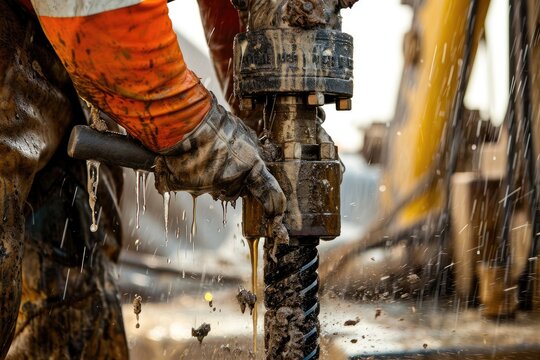 close-up photo of a drilling rig worker drilling oil on an oil rig in the middle of the sand.