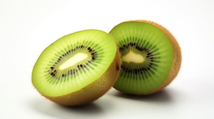 Fresh halved kiwi fruit on white surface, perfect for food and healthy eating concepts
