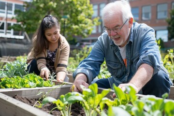 Fototapeta premium Senior Man and Young Adult Woman Planting in a Community Garden with Other People in the Background