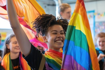 A young girl stands proudly, holding a rainbow flag, her face beaming with a bright smile. She exudes happiness and empowerment - obrazy, fototapety, plakaty