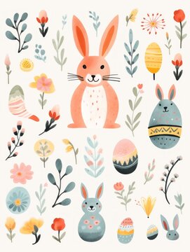 Cute Easter pictures in watercolor style with bunnies, eggs and flowers generated AI