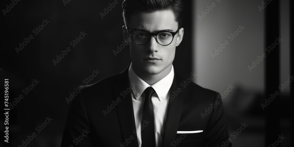 Poster a man in a suit and tie posing for a picture. suitable for business and professional concepts