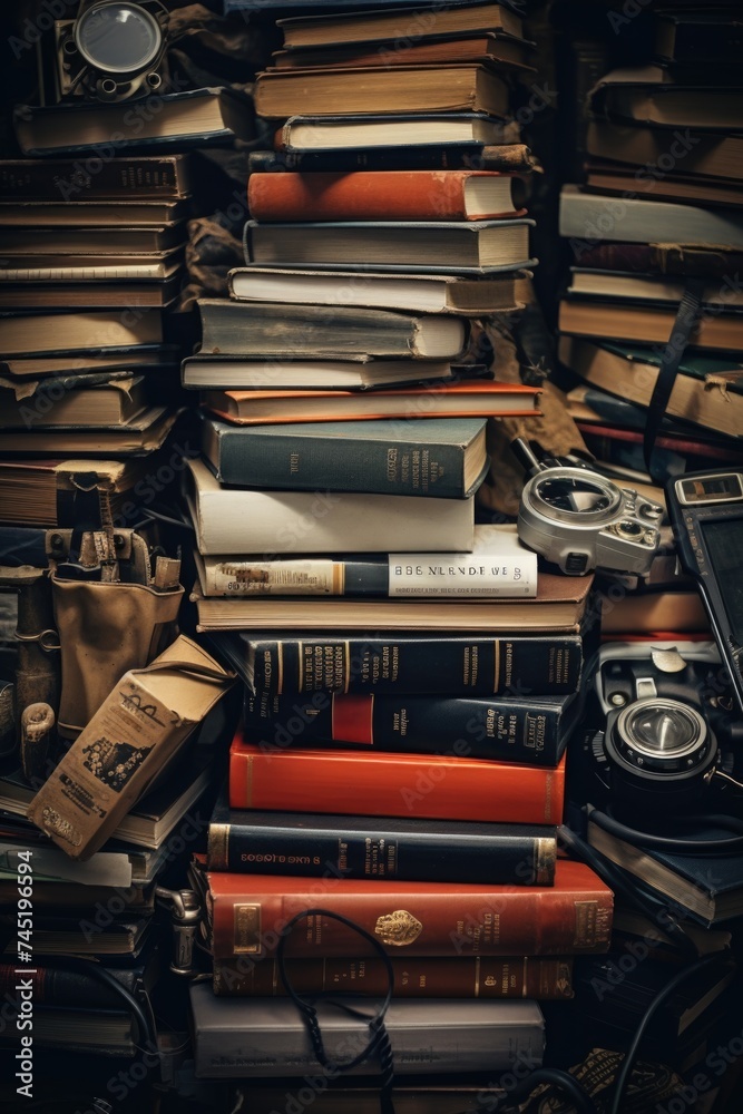 Poster a pile of books and a camera on a table. perfect for educational or photography concepts