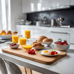 Fototapeta na wymiar Energizing breakfast spread on a wooden plate white countertop in a swanky kitchen in the background 