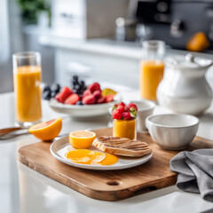 Beneficial breakfast bites on a wooden base white countertop in a present-day kitchen in the background
