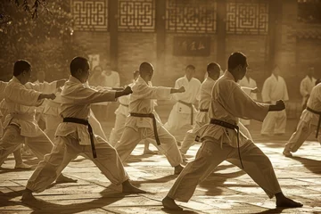 Foto op Plexiglas A group of men are practicing various martial arts moves in a serene courtyard, showcasing their discipline, focus, and strength © Konstiantyn Zapylaie