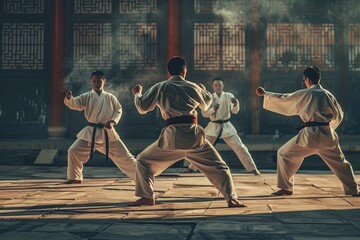 A group of men, skilled in martial arts, standing confidently on top of a wooden floor, showcasing their expertise and discipline in combat techniques